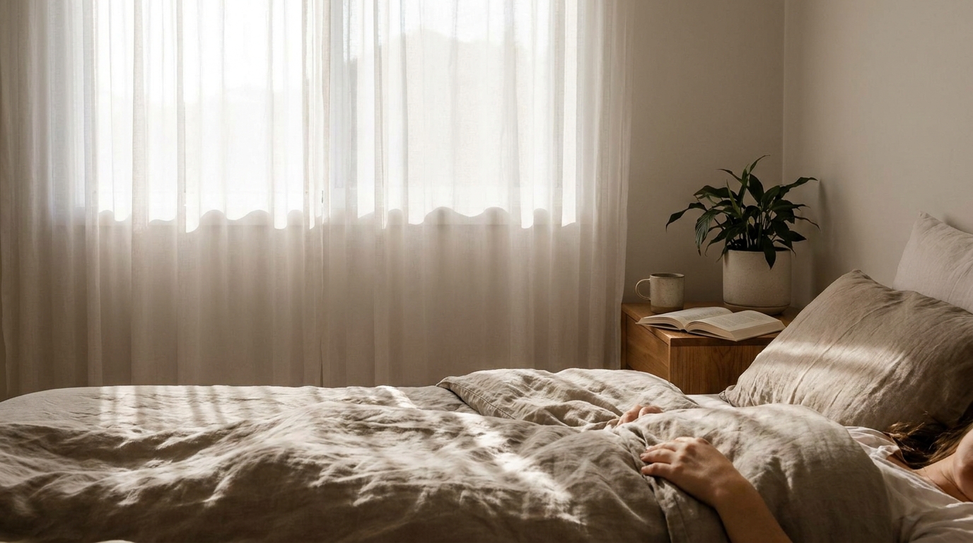Luce naturale soffusa attraverso le tende su un letto